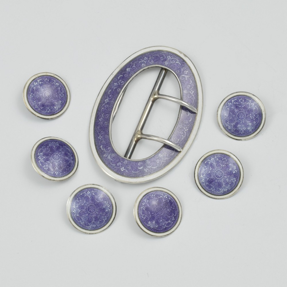 Fine Edwardian Silver & Lilac Guilloche Enamel Buckle & 6 Dress Studs View III