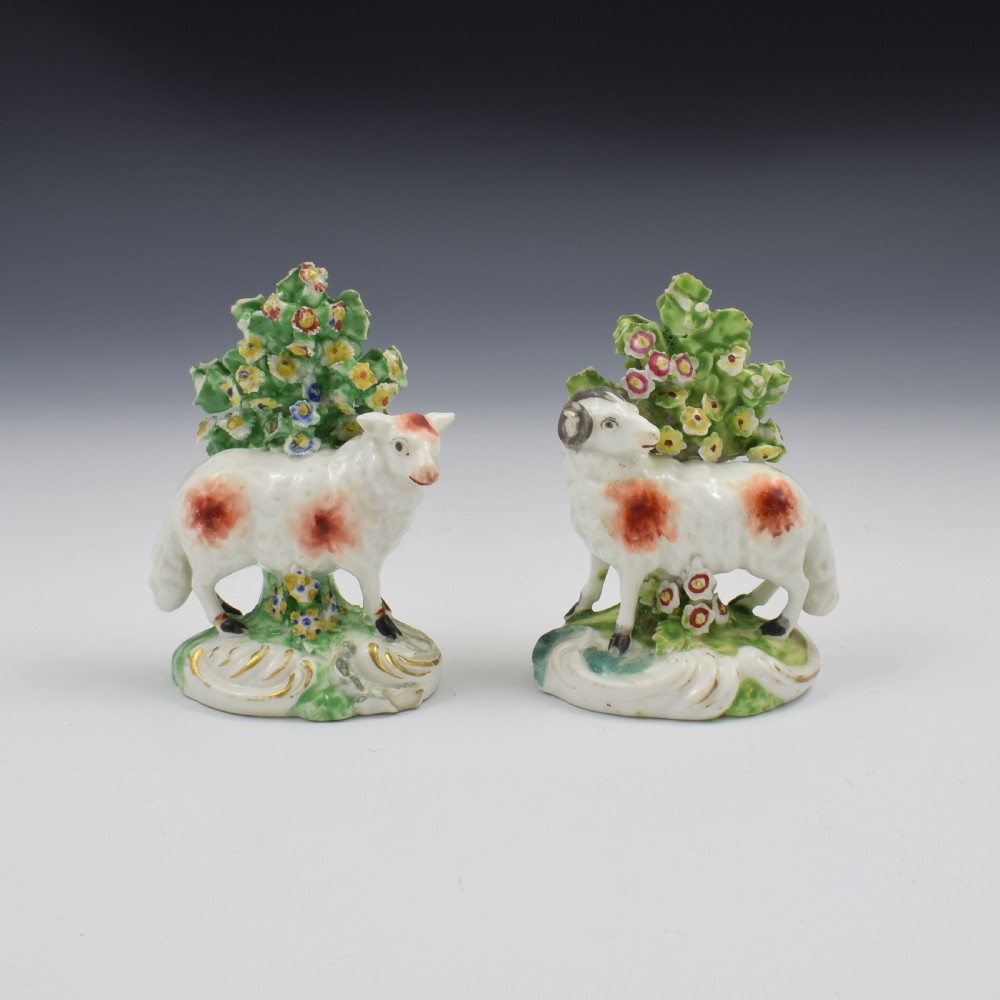 Pair Derby Porcelain Bocage Figures Of Sheep, Ram & Ewe, c.1770
