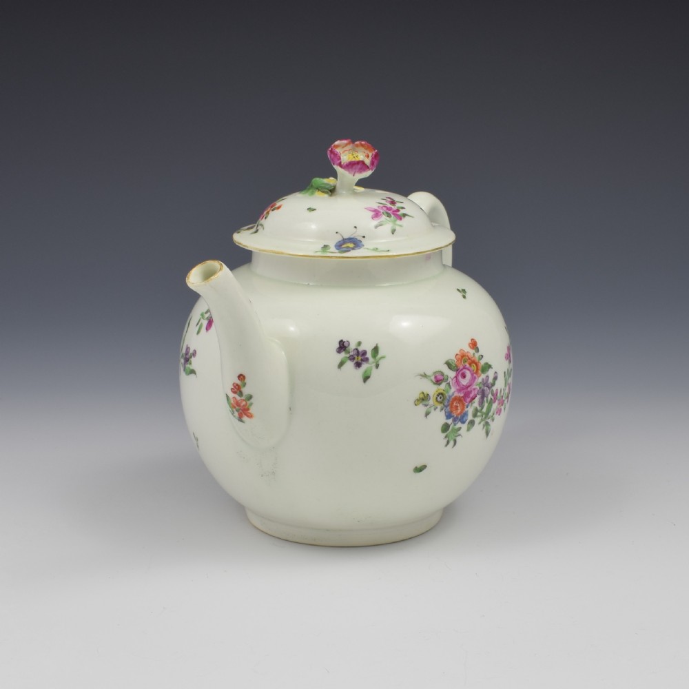First Period Worcester Porcelain Floral Painted Globular Teapot c.1765 View II