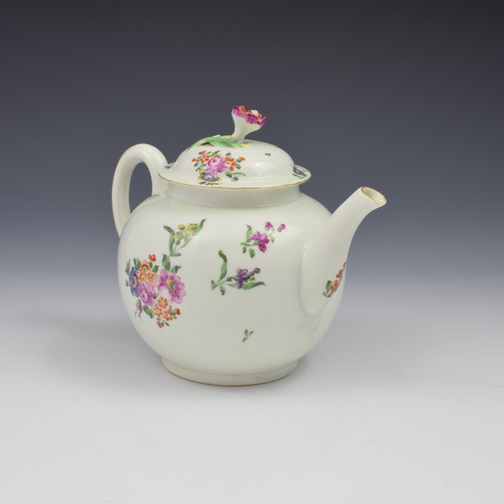 First Period Worcester Porcelain Floral Painted Globular Teapot c.1765 View III