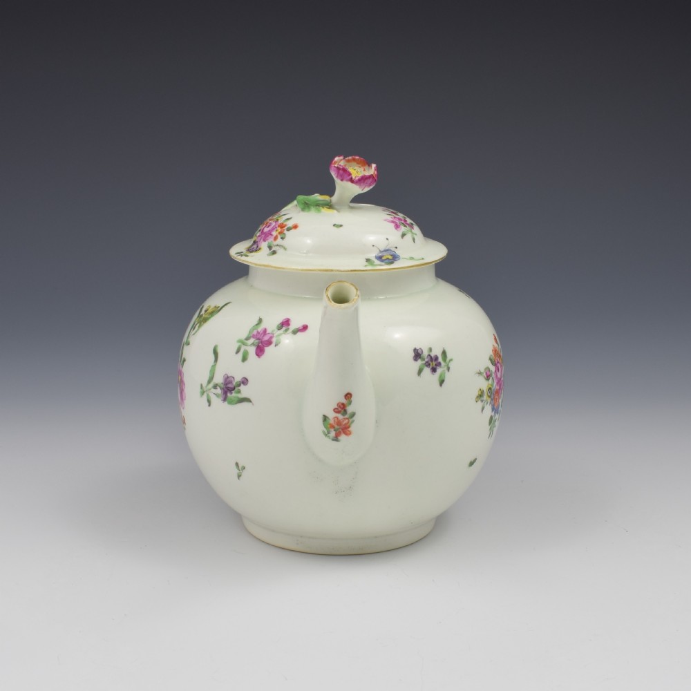 First Period Worcester Porcelain Floral Painted Globular Teapot c.1765 View IV