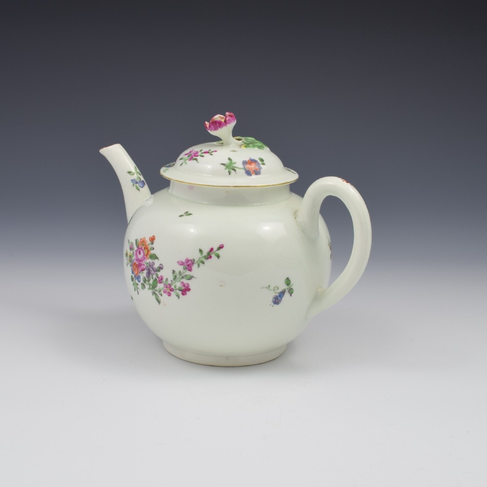 First Period Worcester Porcelain Floral Painted Globular Teapot c.1765 View V