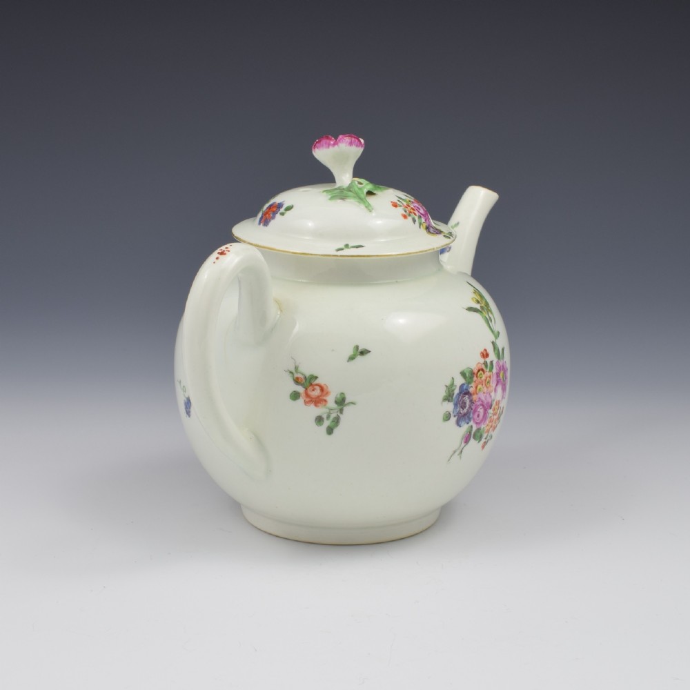 First Period Worcester Porcelain Floral Painted Globular Teapot c.1765 View VI