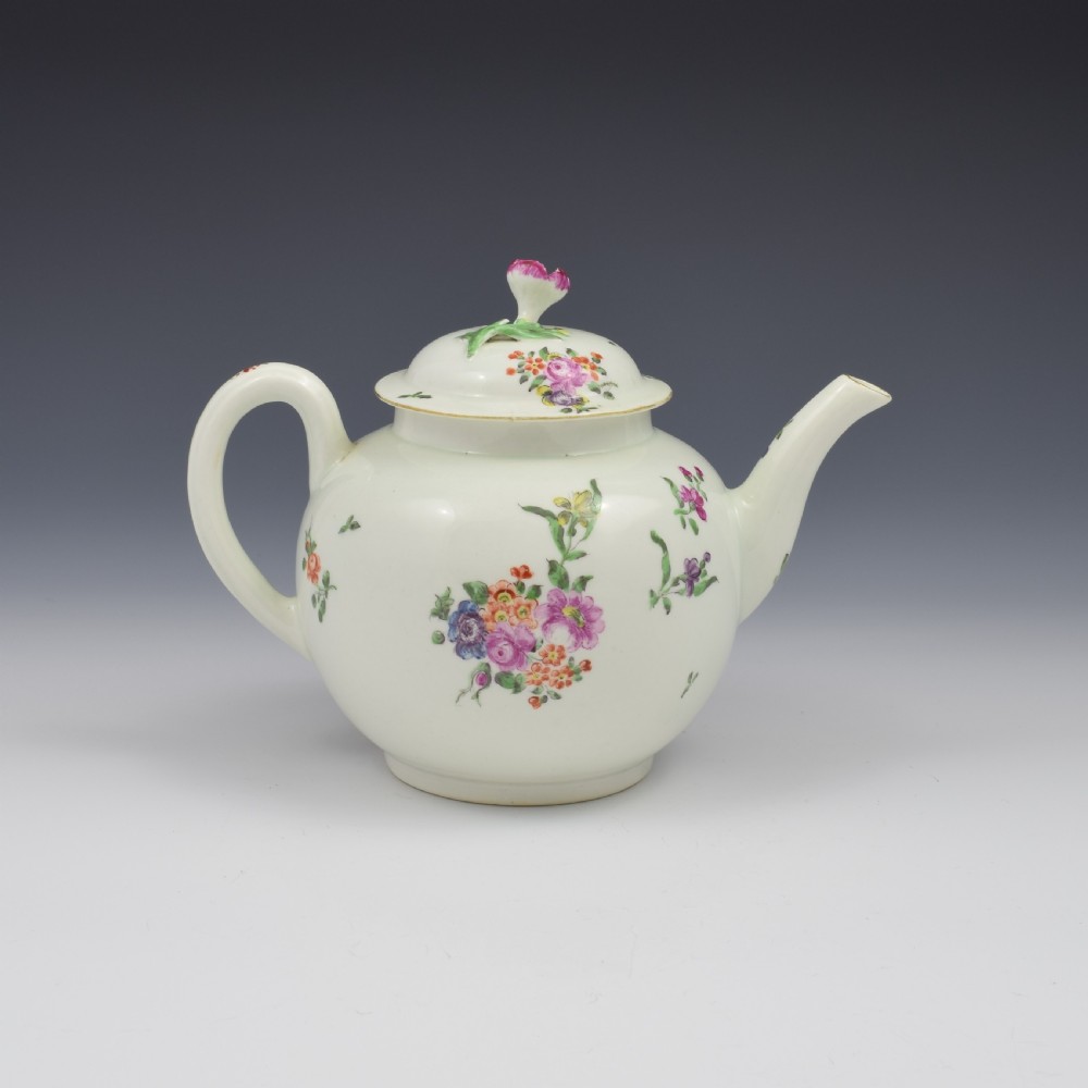 First Period Worcester Porcelain Floral Painted Globular Teapot c.1765 View VII