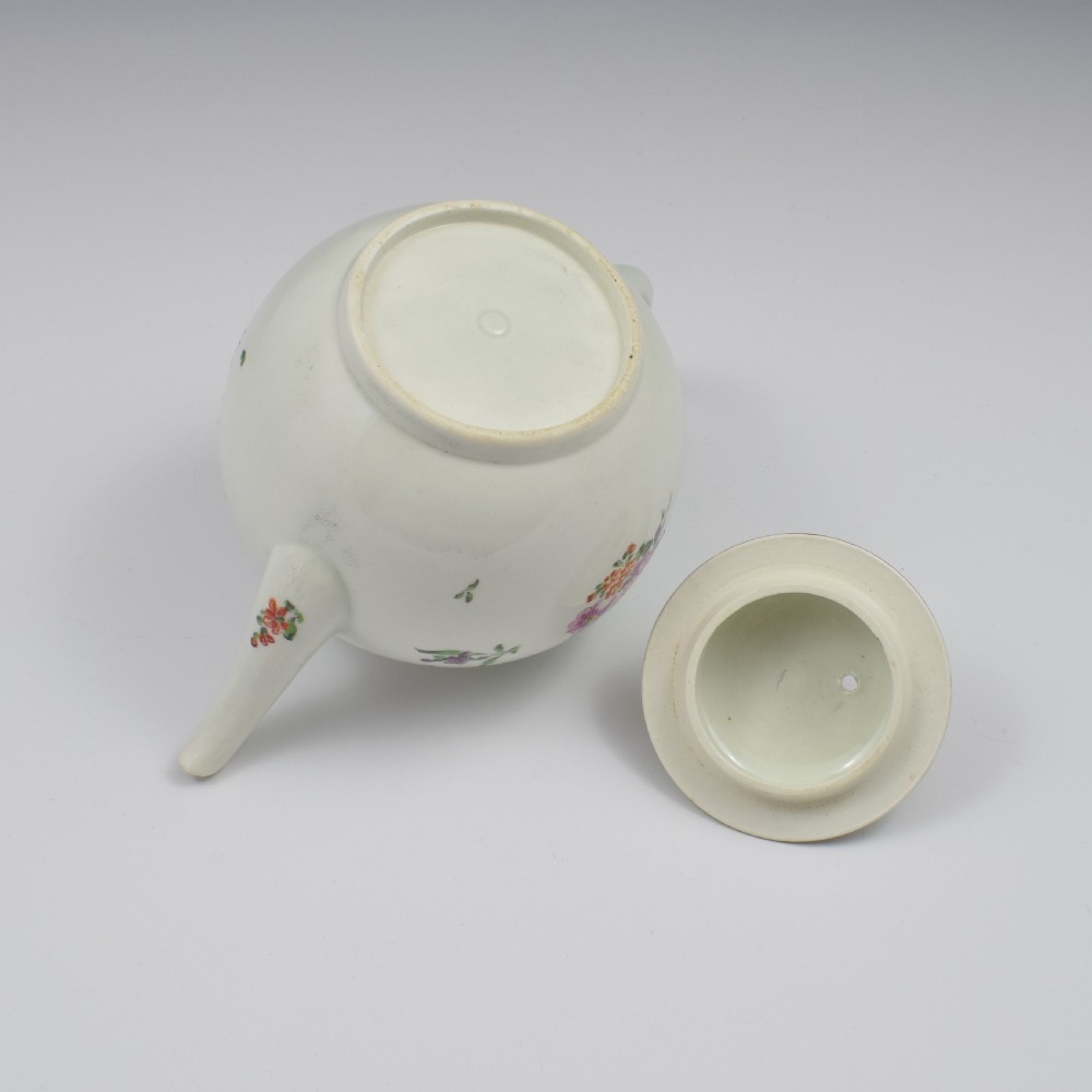 First Period Worcester Porcelain Floral Painted Globular Teapot c.1765 View IX