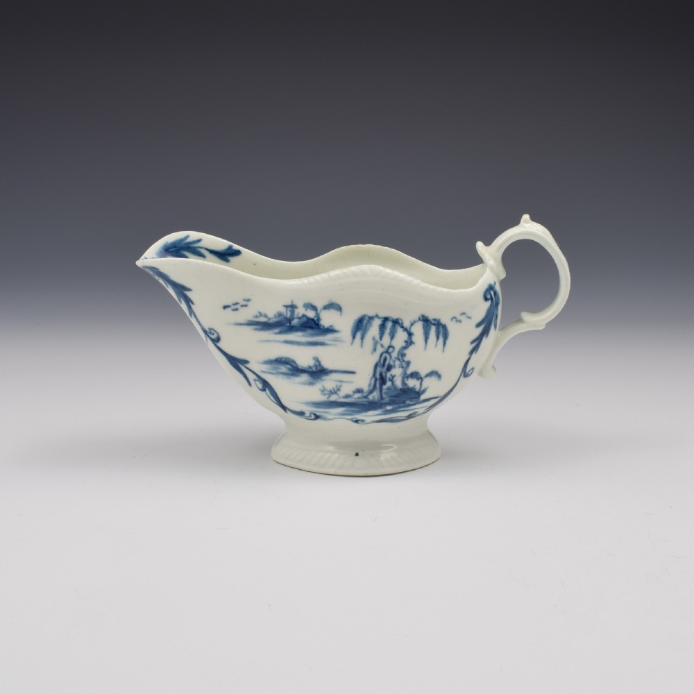 Rare First Period Worcester Porcelain One Porter Landscape Pattern Sauce Boat c.1765