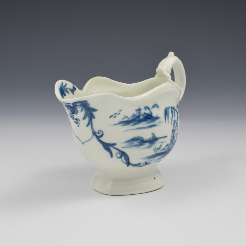 Rare First Period Worcester Porcelain One Porter Landscape Pattern Sauce Boat c.1765 View II