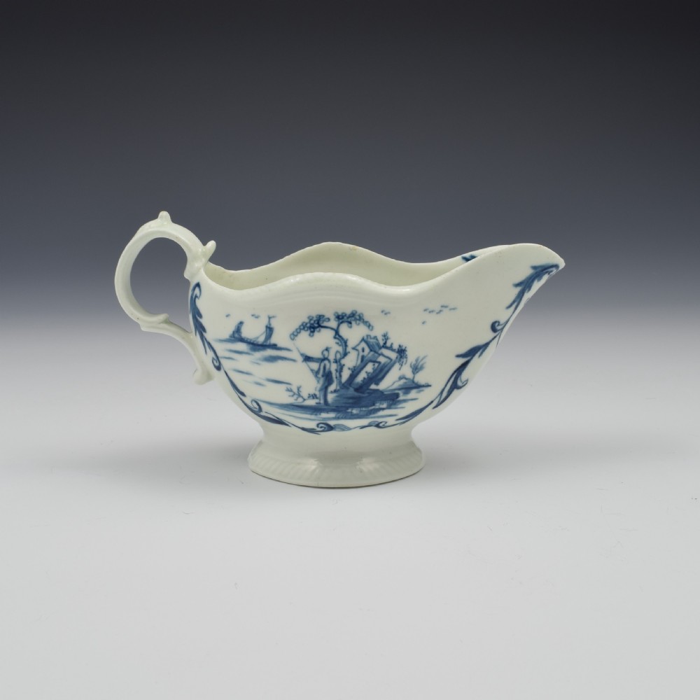 Rare First Period Worcester Porcelain One Porter Landscape Pattern Sauce Boat c.1765 View V