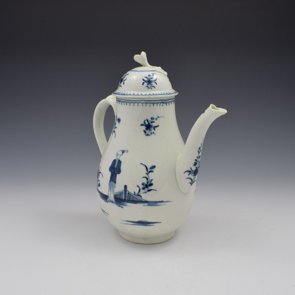First Period Worcester Porcelain Waiting Chinaman Coffee Pot & Cover c.1770 View IV