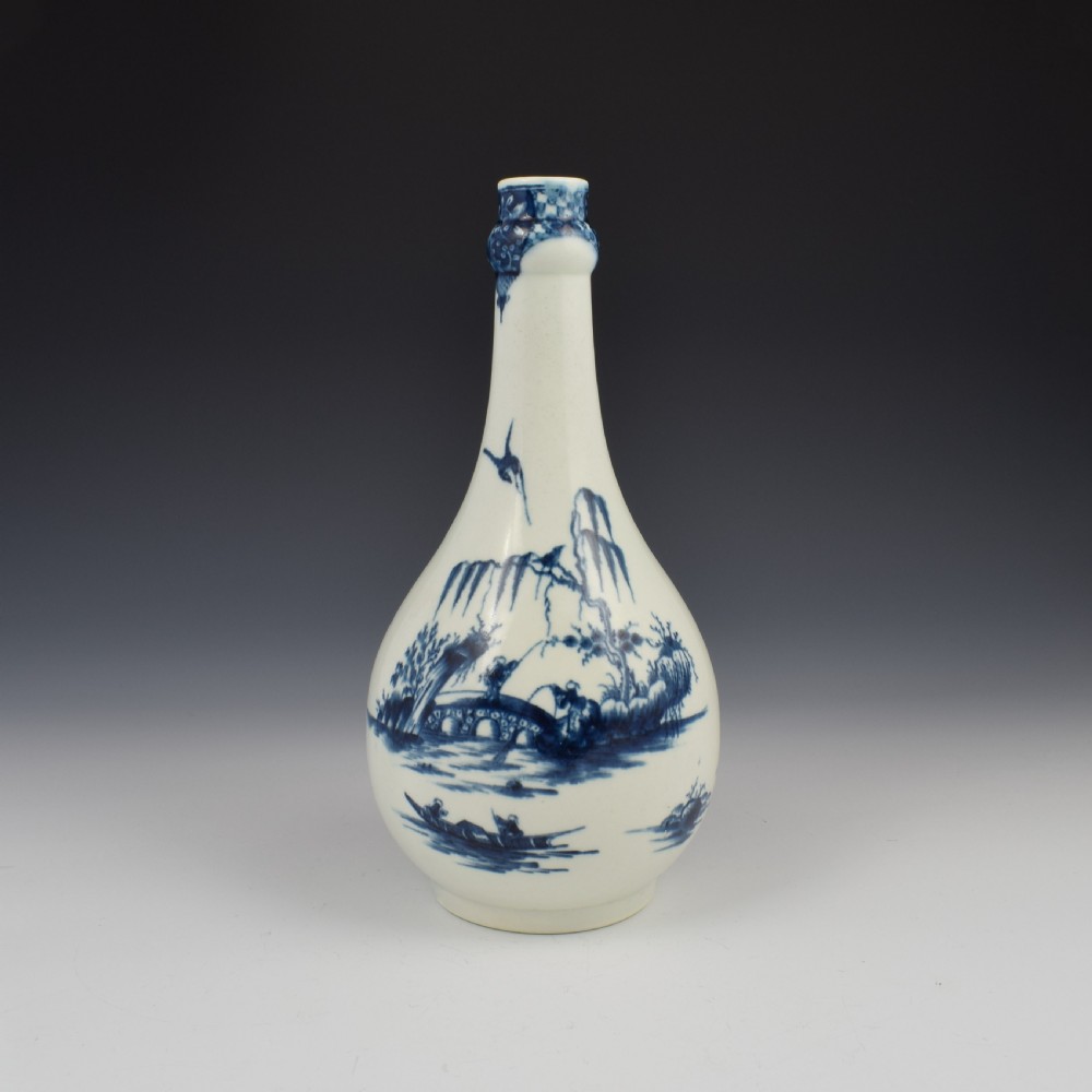 First Period Worcester Porcelain Guglet Water Bottle Willow Bridge Fisherman Pattern c.1760-1765
