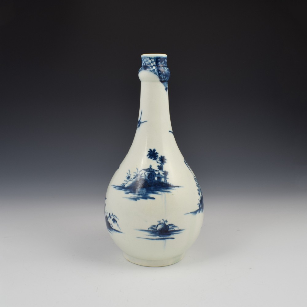 First Period Worcester Porcelain Guglet Water Bottle Willow Bridge Fisherman Pattern c.1760-1765 View II