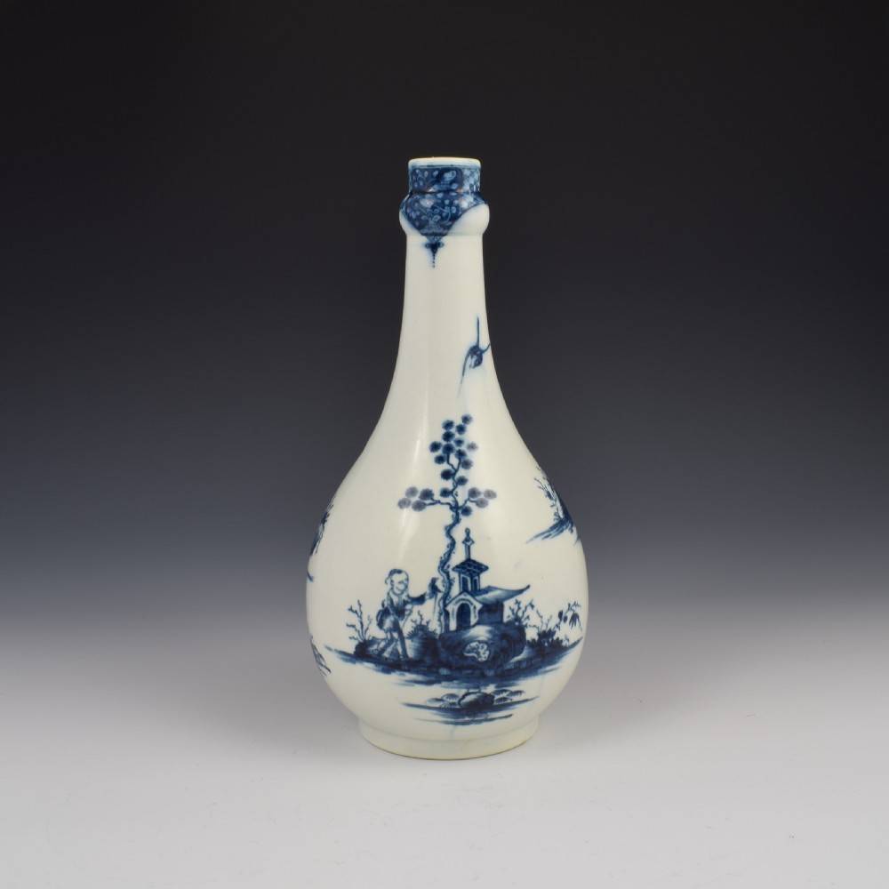 First Period Worcester Porcelain Guglet Water Bottle Willow Bridge Fisherman Pattern c.1760-1765 View III