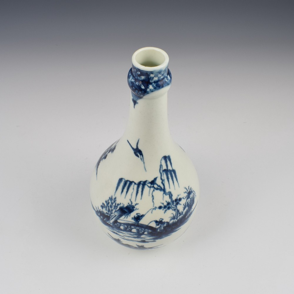 First Period Worcester Porcelain Guglet Water Bottle Willow Bridge Fisherman Pattern c.1760-1765 View VIII