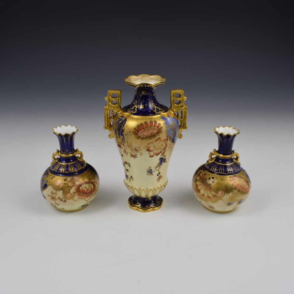 Victorian Royal Crown Derby Garniture Of Porcelain Vases 2553 View II