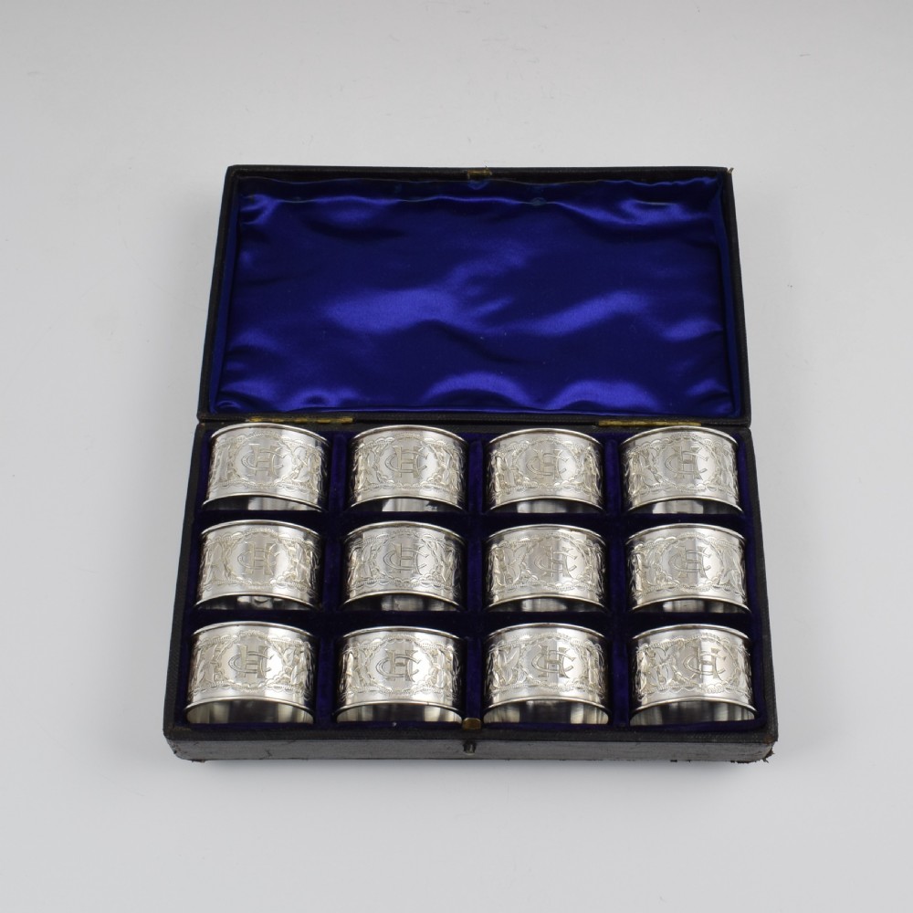Cased Set Of Twelve 12 Victorian Silver Napkin Rings View V