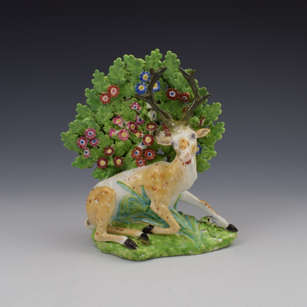 Bloor Derby Porcelain Large Bocage Figure Recumbent Stag c.1820