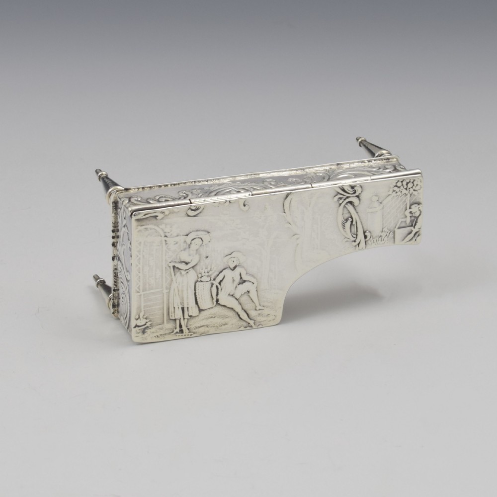 German Hanau Silver Novelty Miniature Harpsichord Embossed Trinket Box View VIII