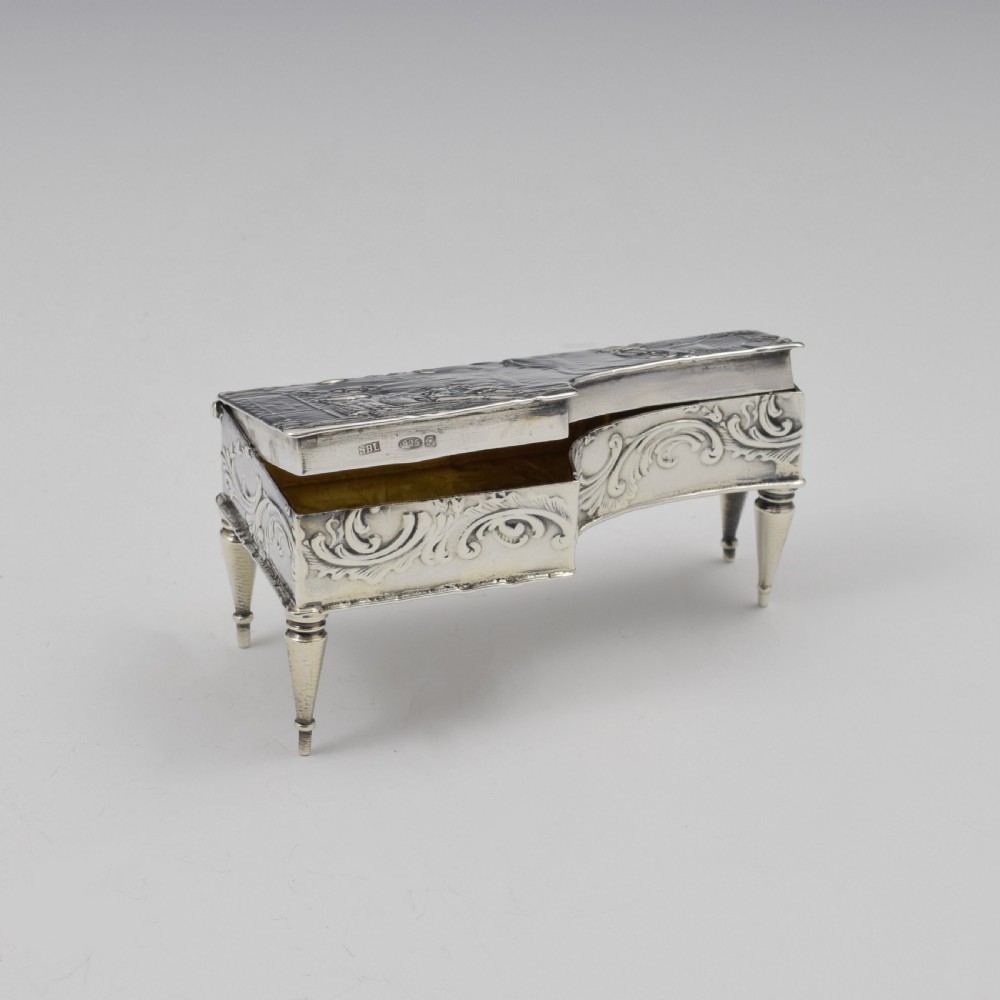 German Hanau Silver Novelty Miniature Harpsichord Embossed Trinket Box View X