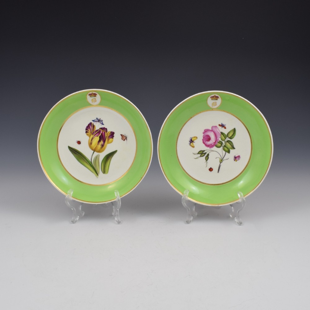 Pair Of Bloor Derby Porcelain Armorial Botanical Saucer Dishes
