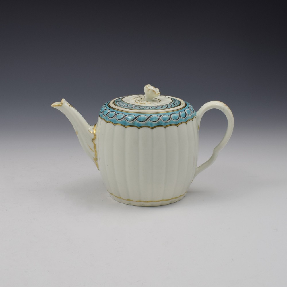 First Period Worcester Porcelain Barrel Fluted Teapot c.1770 View VI