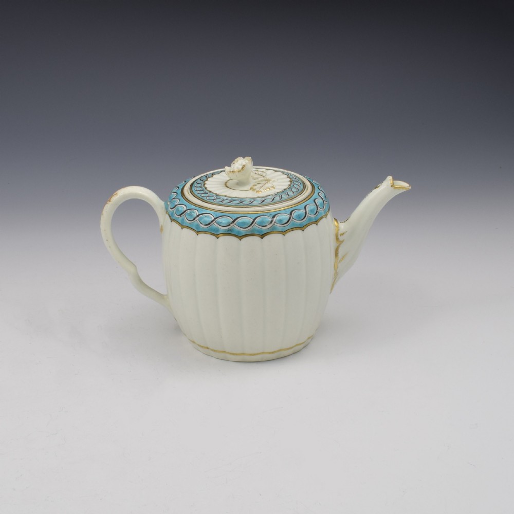 First Period Worcester Porcelain Barrel Fluted Teapot c.1770 View IX