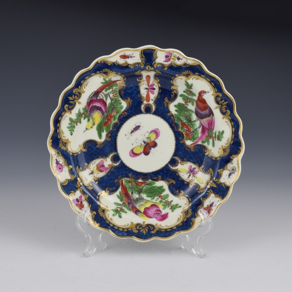 First Period Worcester Porcelain Blue Scale & Fancy Birds Dessert Plate c.1770