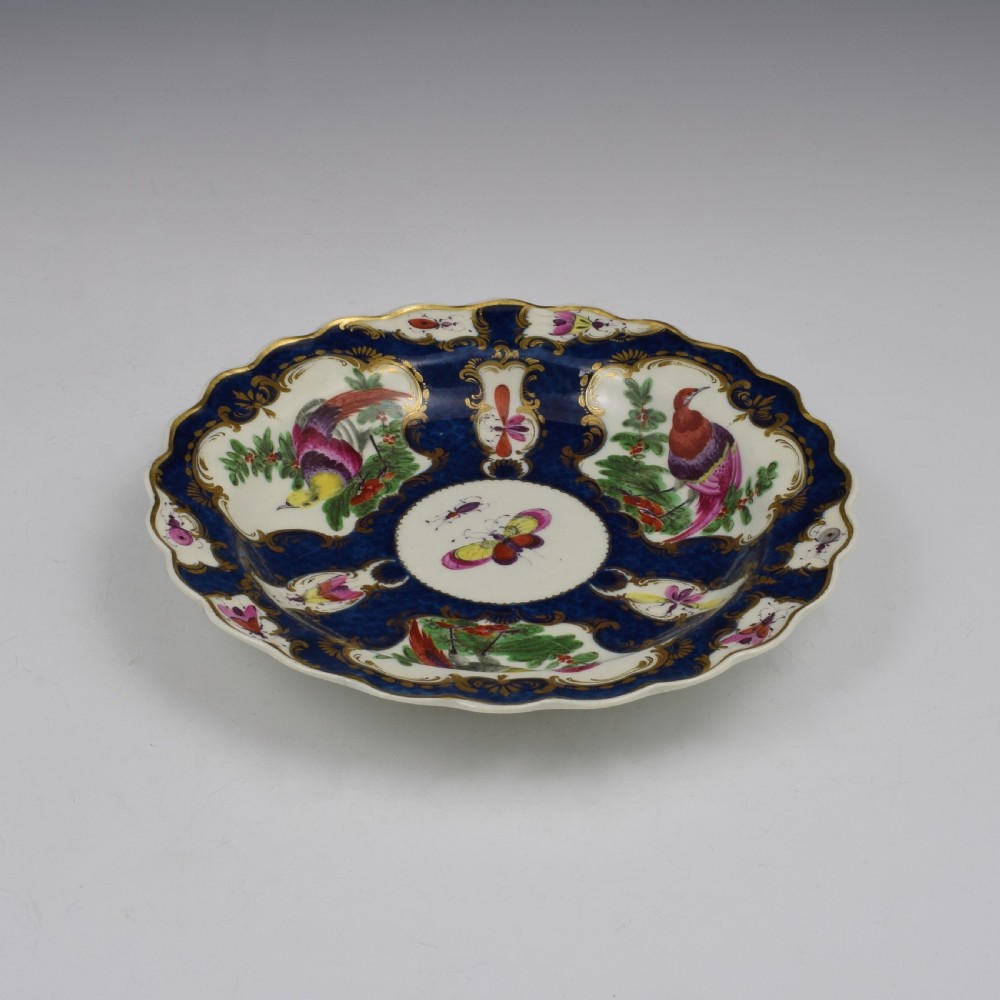 First Period Worcester Porcelain Blue Scale & Fancy Birds Dessert Plate c.1770 View III