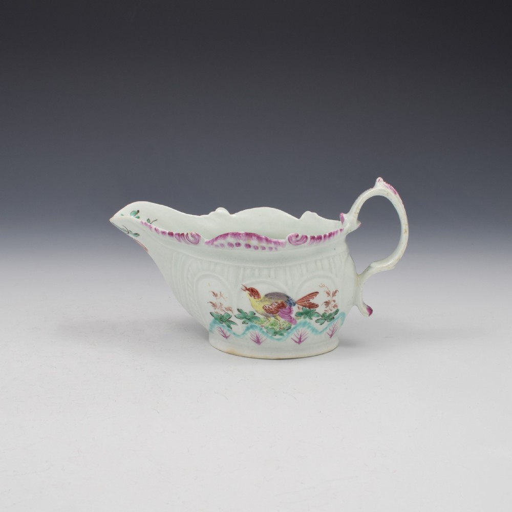 Christian's Liverpool Porcelain Polychrome Sauceboat Fancy Birds c.1770