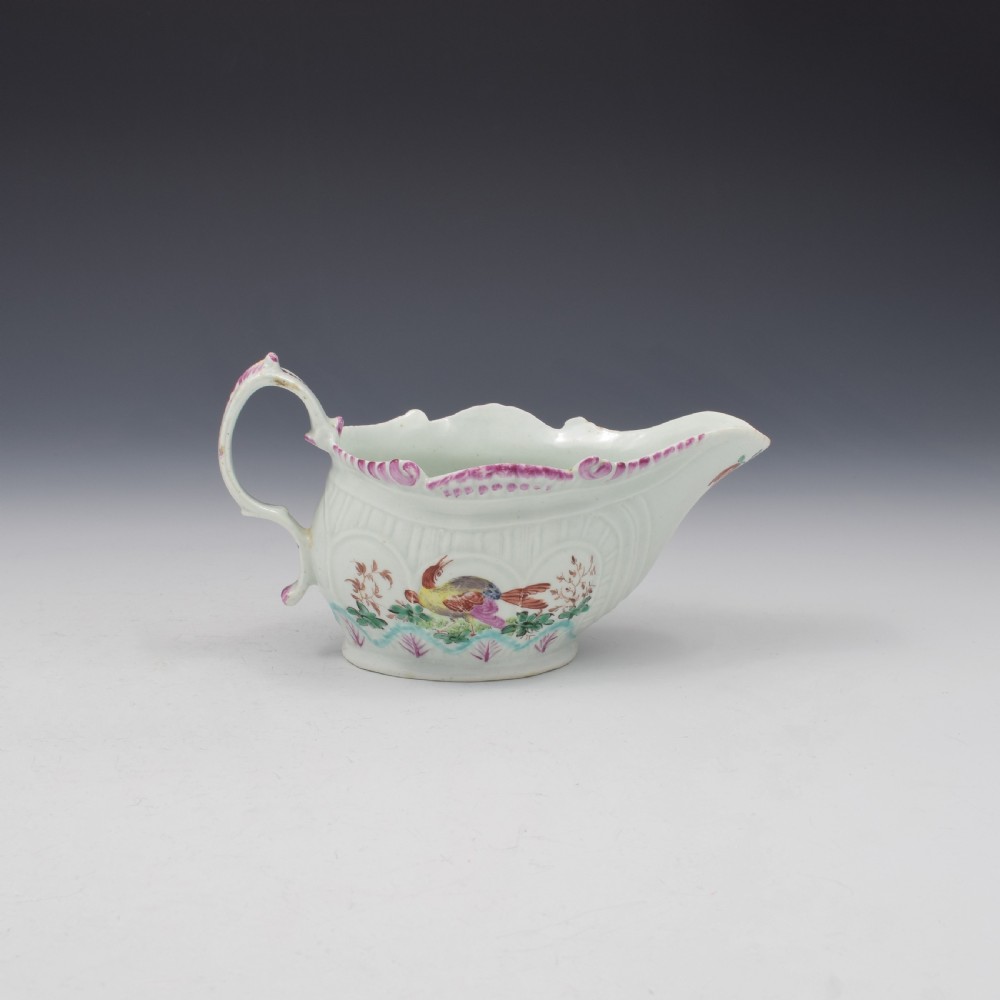 Christian's Liverpool Porcelain Polychrome Sauceboat Fancy Birds c.1770 View III