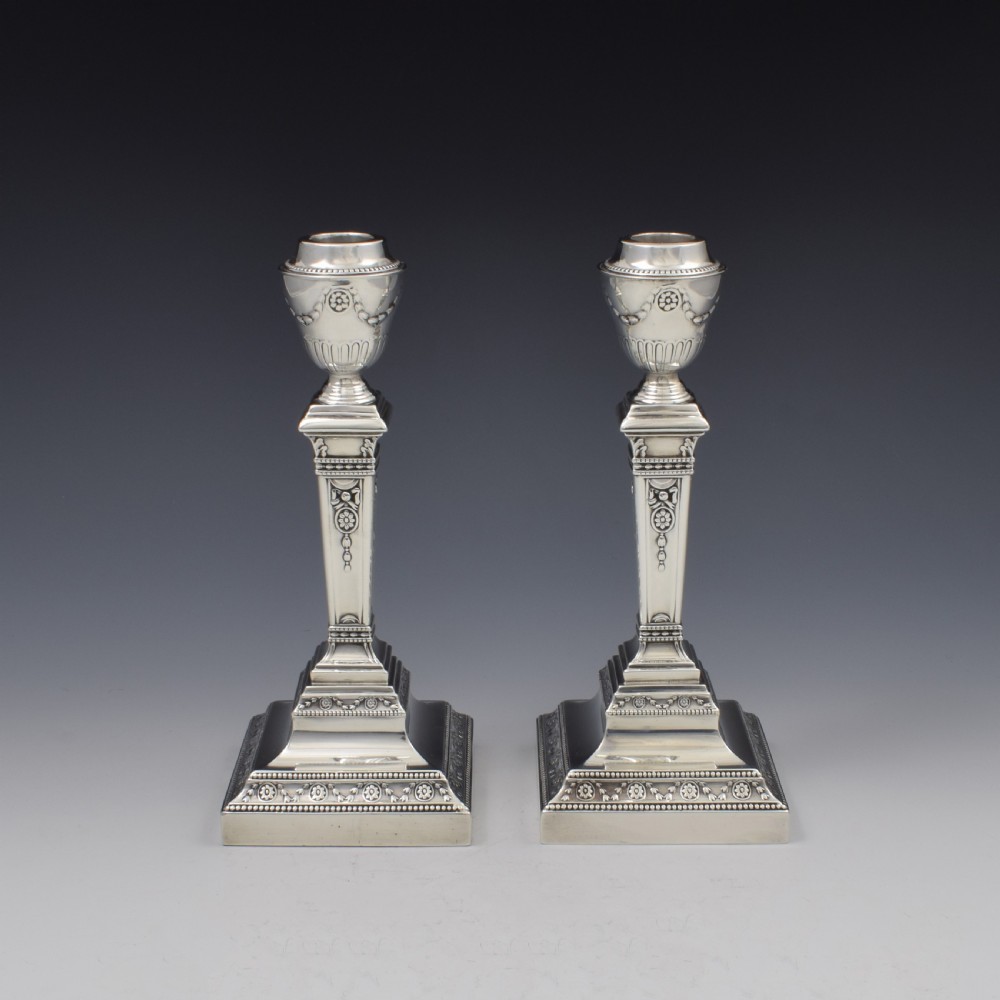 Fine Pair Of Edwardian Neoclassical Silver Candlesticks Walker & Hall View II