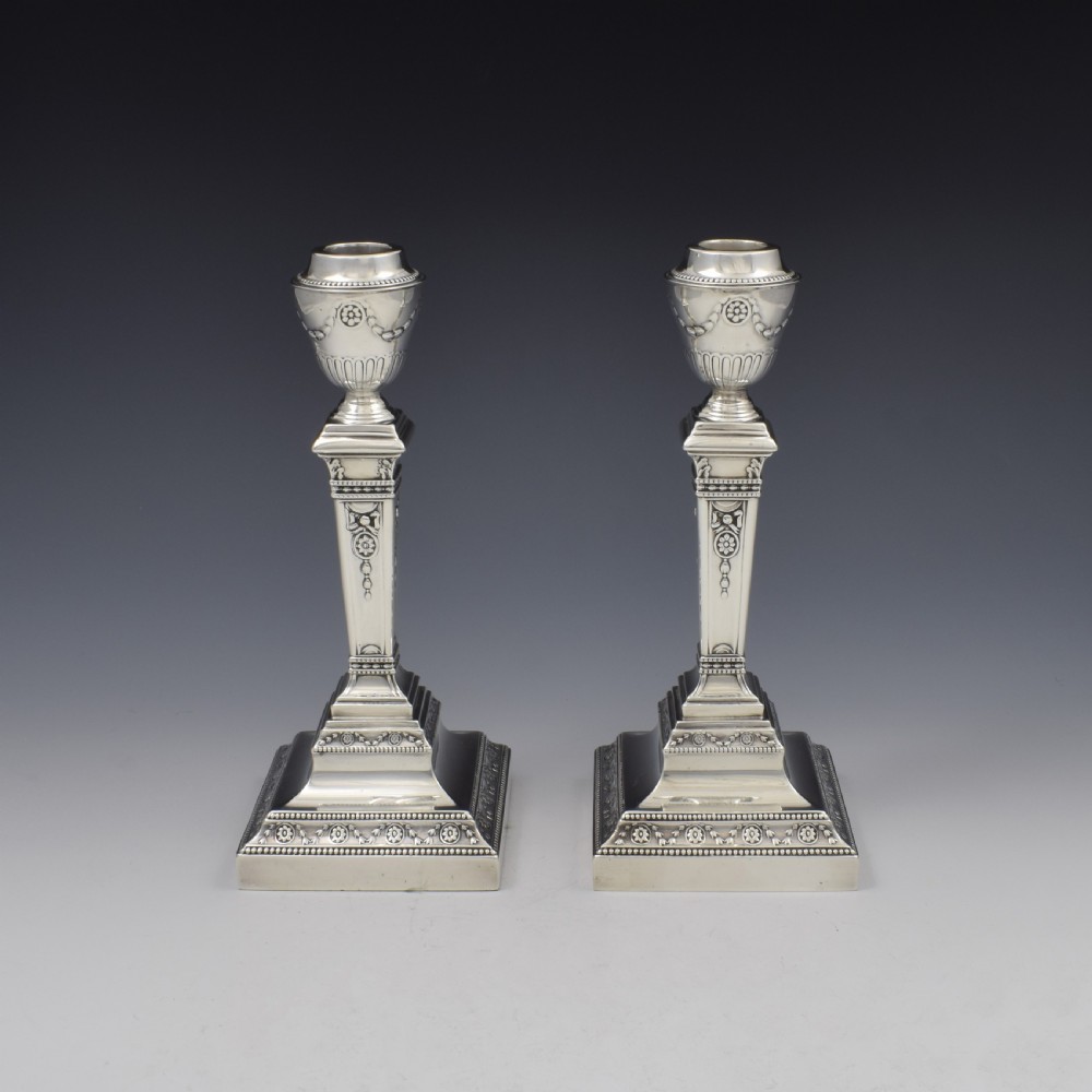 Fine Pair Of Edwardian Neoclassical Silver Candlesticks Walker & Hall View IV
