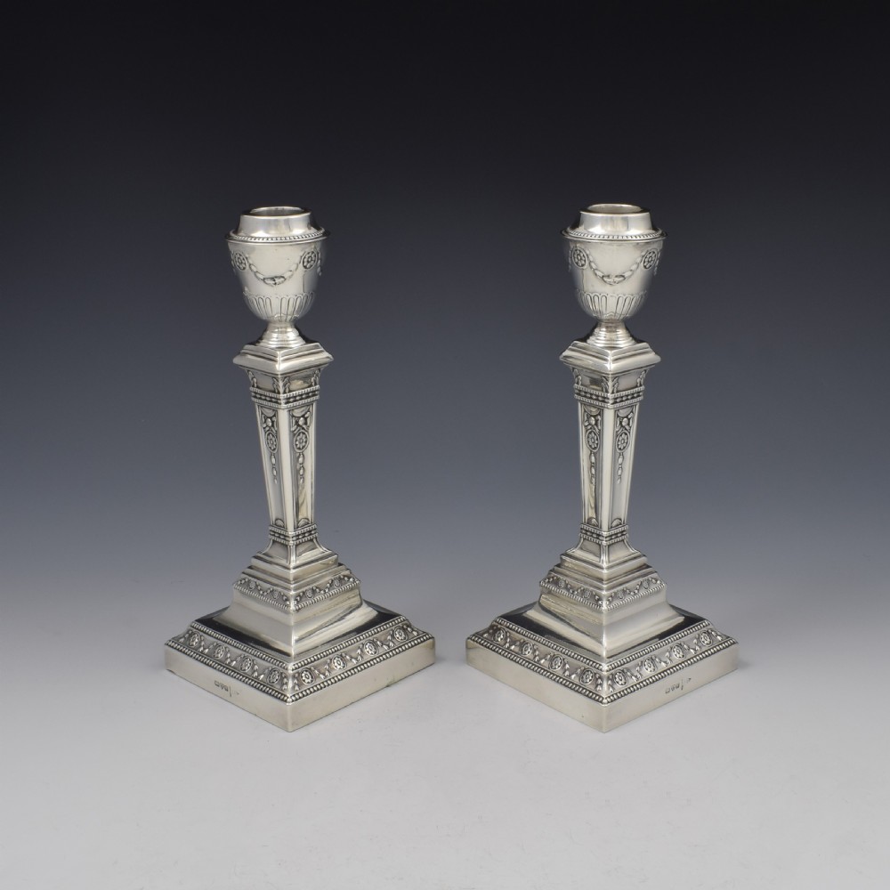 Fine Pair Of Edwardian Neoclassical Silver Candlesticks Walker & Hall View V