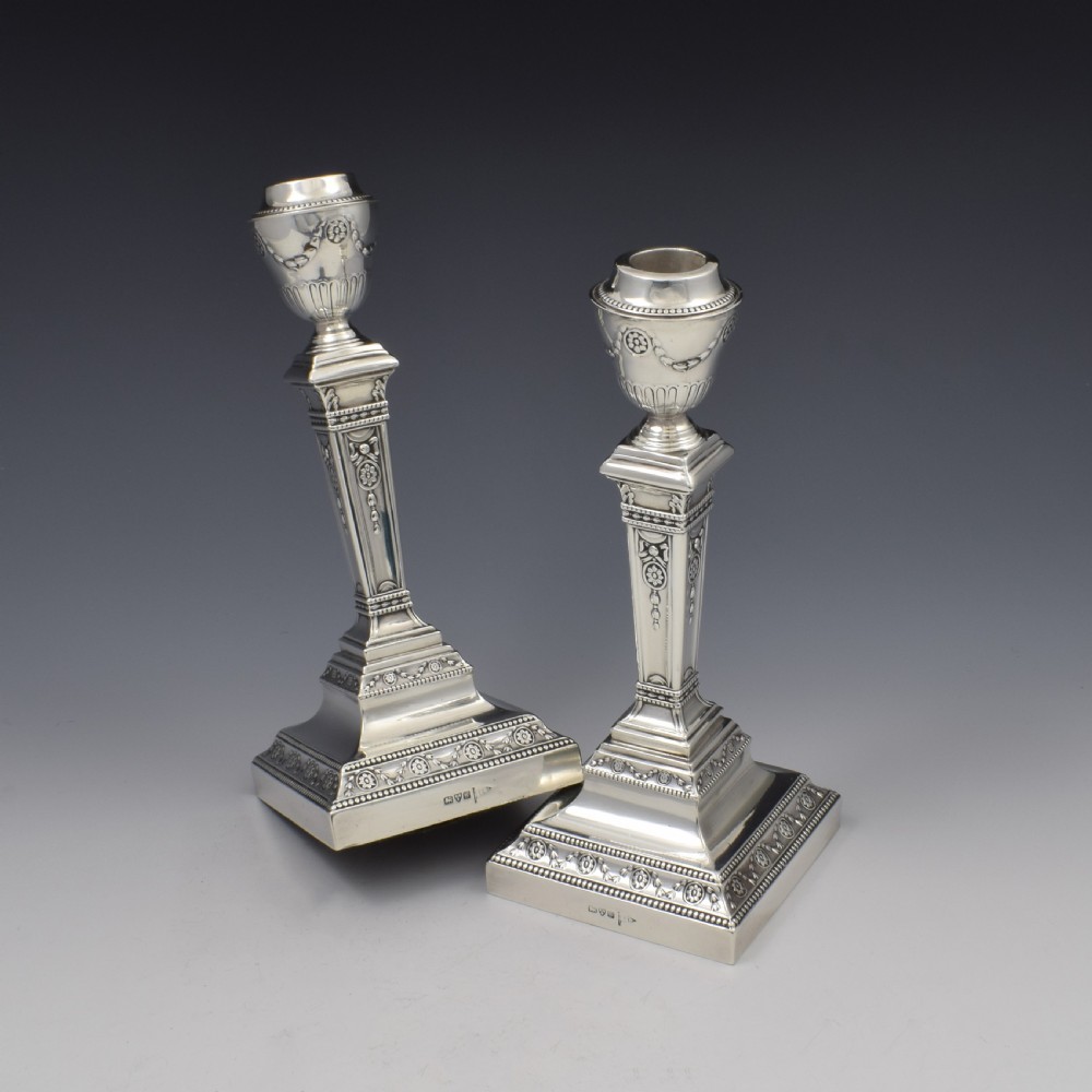 Fine Pair Of Edwardian Neoclassical Silver Candlesticks Walker & Hall View VI