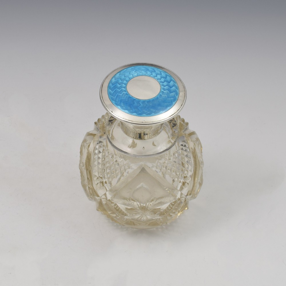 Fine Turquoise Guilloche Enamel & Silver Cut Glass Scent Bottle