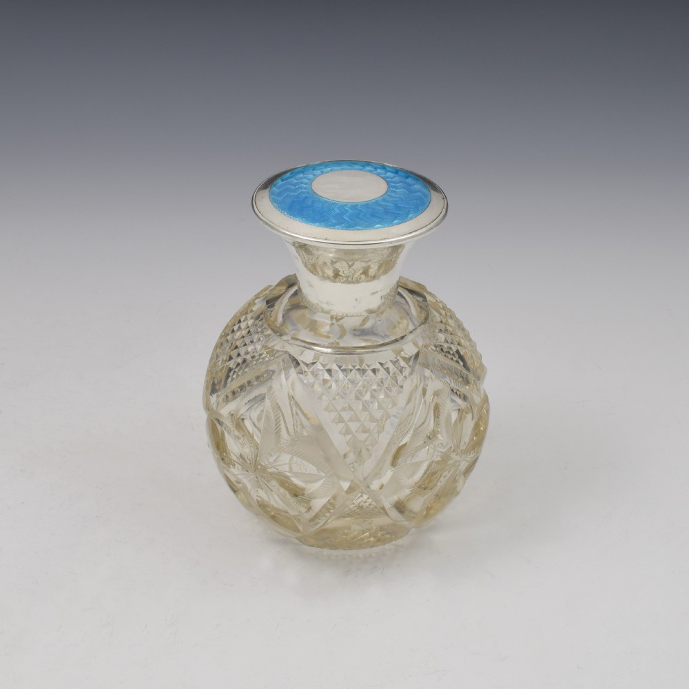 Fine Turquoise Guilloche Enamel & Silver Cut Glass Scent Bottle View II