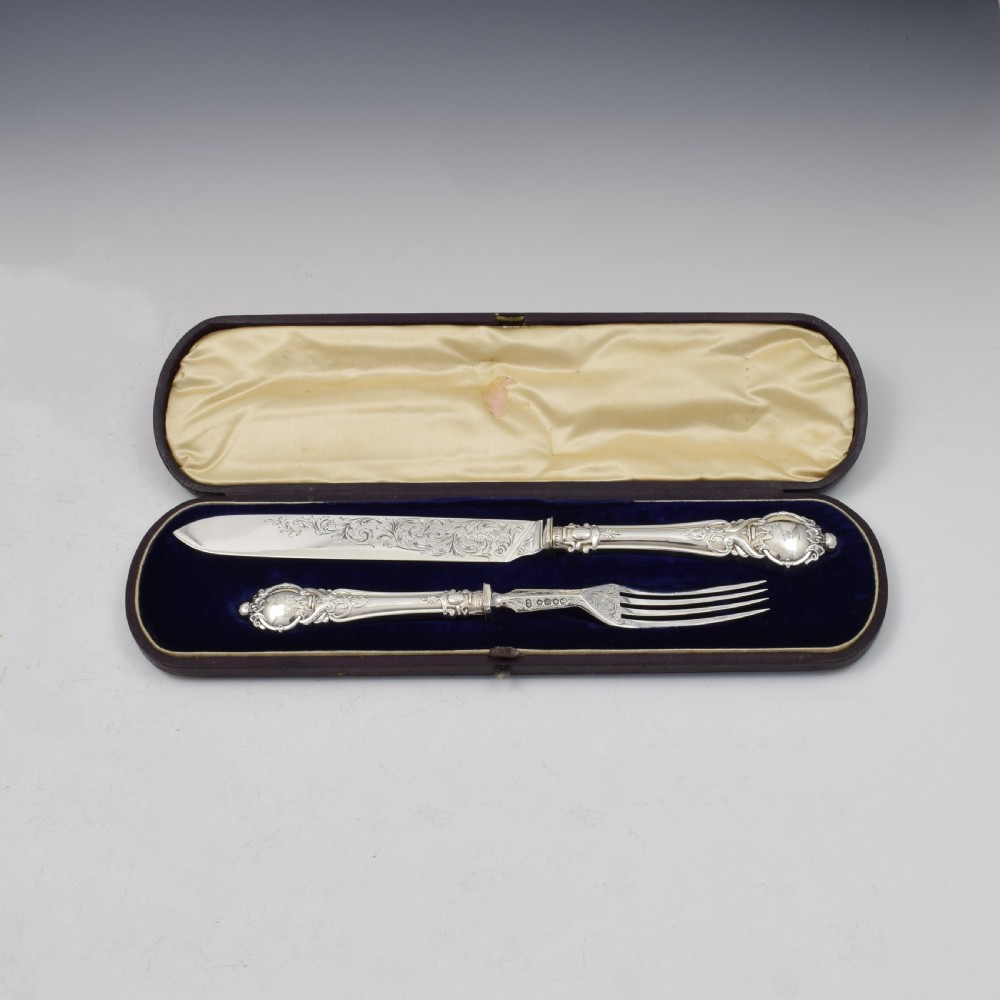 Cased Victorian Silver Handled Cake Knife & Serving Fork Set 1852 View II