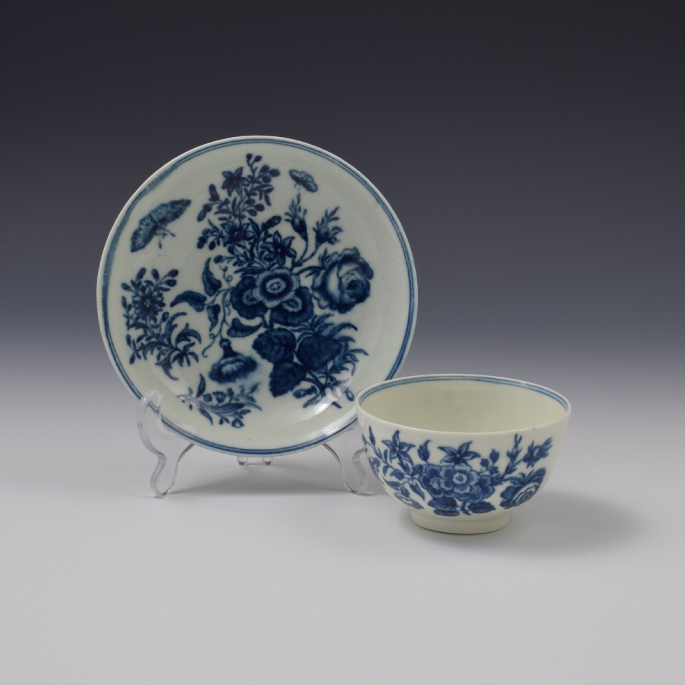 First Period Worcester Porcelain Three Flowers Tea Bowl & Saucer c.1770