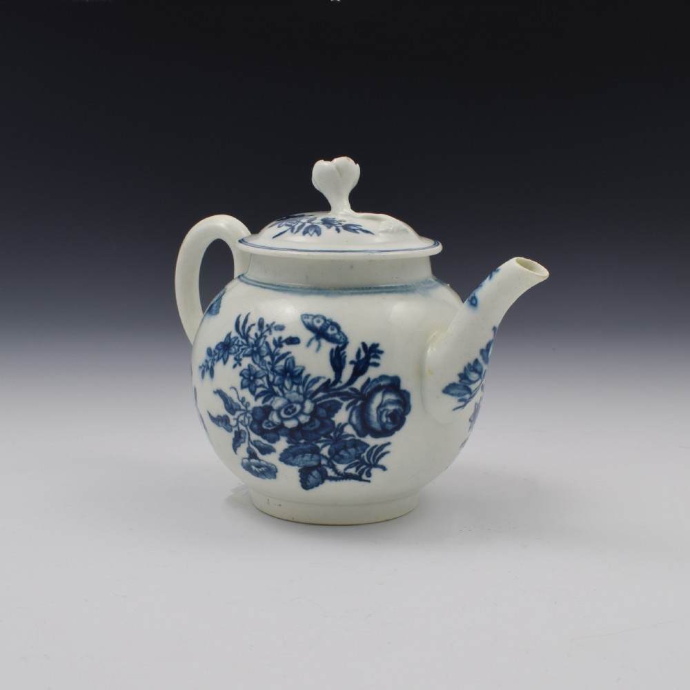 First Period Worcester Porcelain Small Three Flowers Teapot c.1765 View II