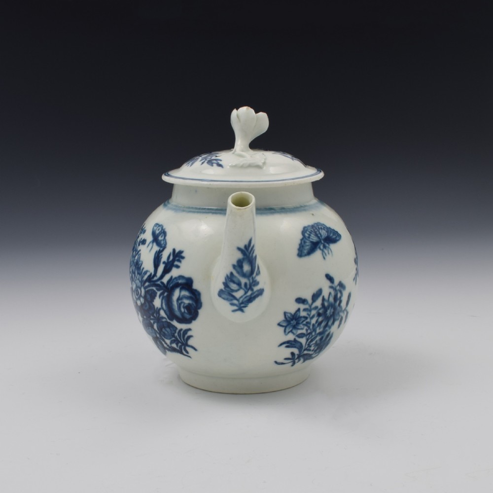 First Period Worcester Porcelain Small Three Flowers Teapot c.1765 View III