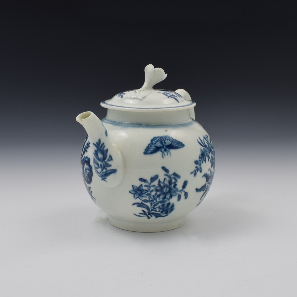 First Period Worcester Porcelain Small Three Flowers Teapot c.1765 View IV
