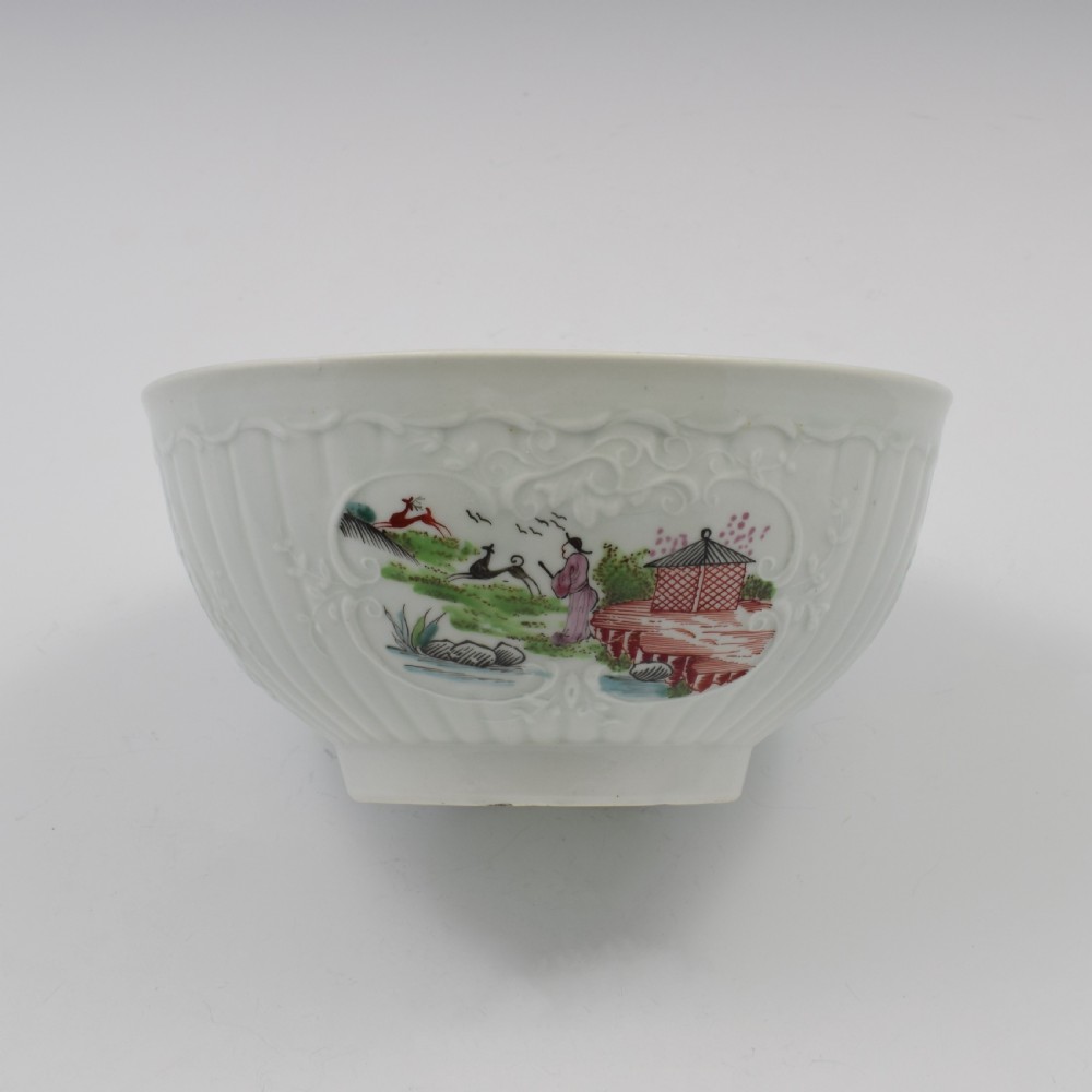 Early Period Worcester Porcelain Stag Hunt Moulded Slop Bowl c.1755 View VIII