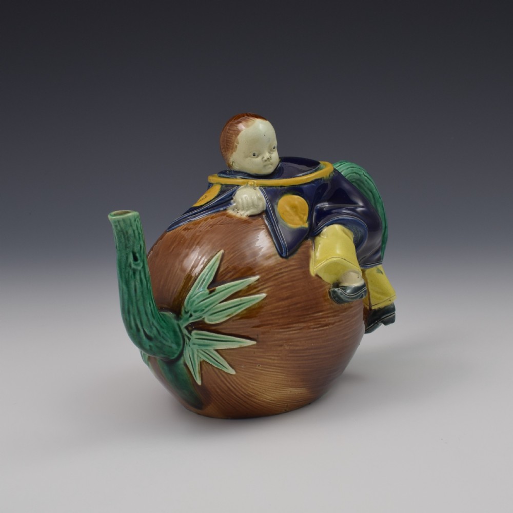 Victorian Holdcroft Majolica Boy On Coconut Teapot c.1875 View II