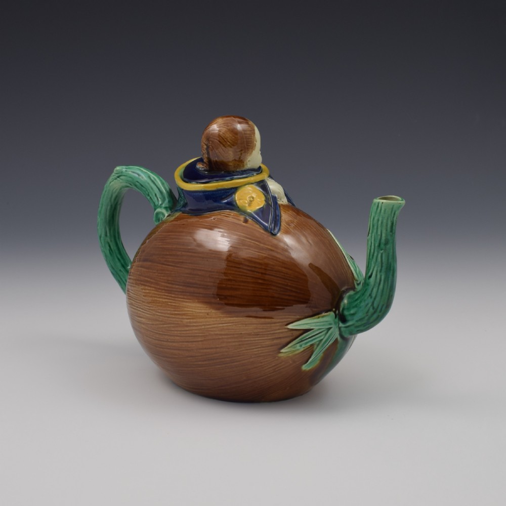 Victorian Holdcroft Majolica Boy On Coconut Teapot c.1875 View IV