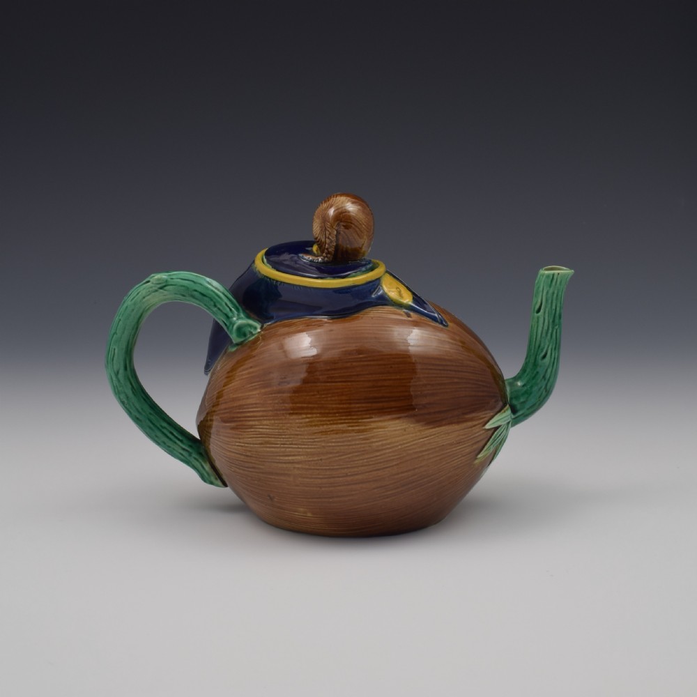 Victorian Holdcroft Majolica Boy On Coconut Teapot c.1875 View V