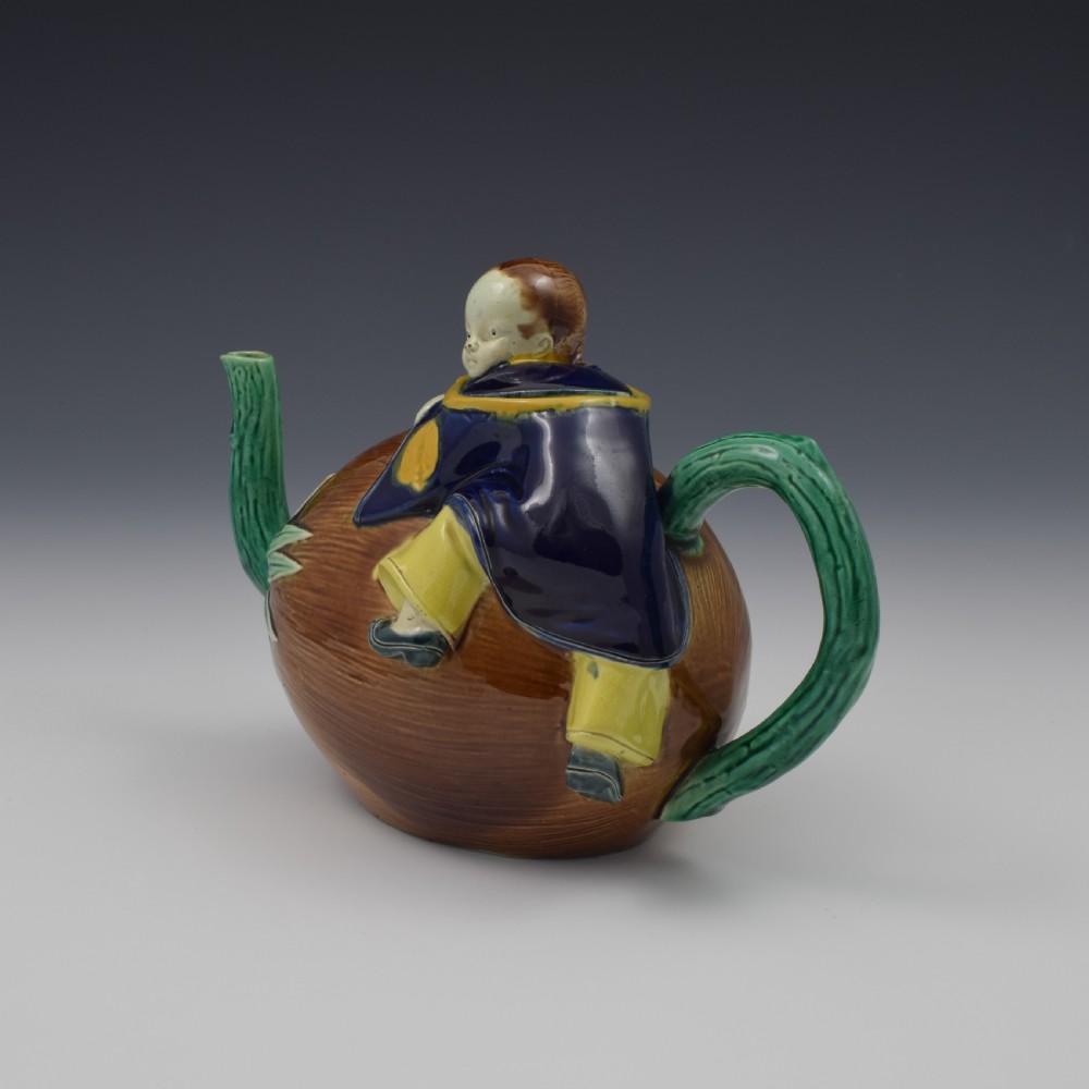Victorian Holdcroft Majolica Boy On Coconut Teapot c.1875 View IX