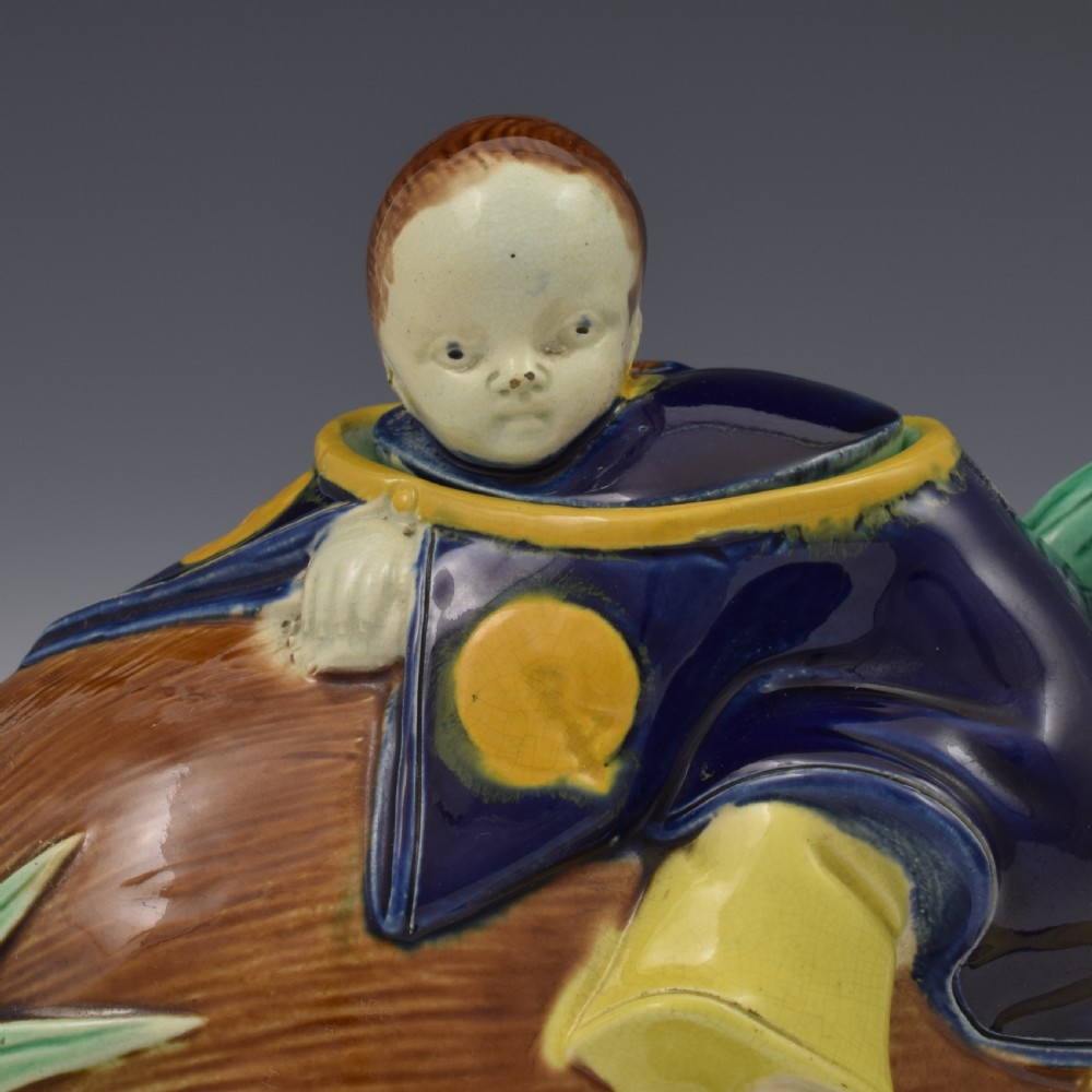 Victorian Holdcroft Majolica Boy On Coconut Teapot c.1875 View XI