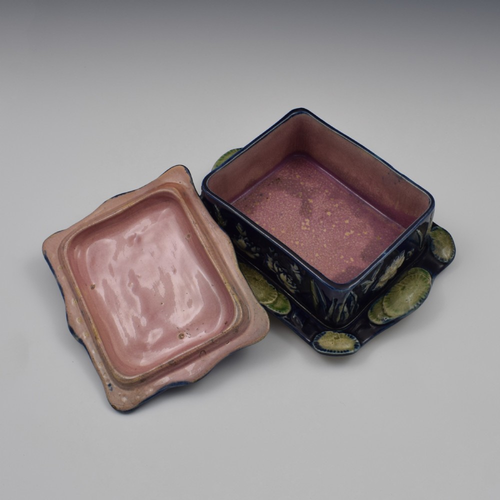 Victorian Forester Majolica Pond Lily & Sparrow Sardine Box  View X