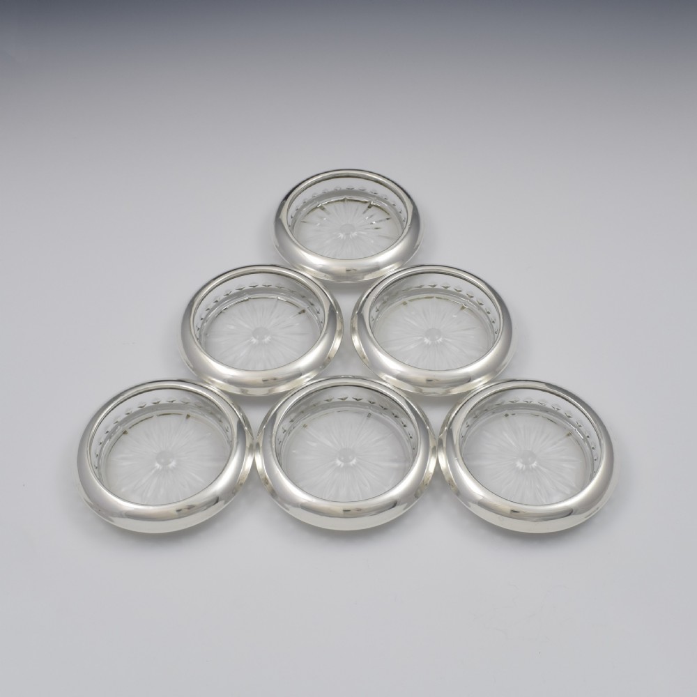 Set Of Six Sterling Silver & Glass Wine Glass Coasters