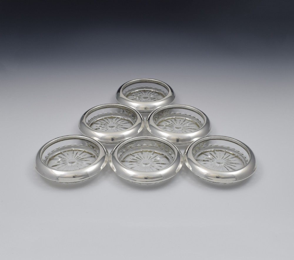 Set Of Six Sterling Silver & Glass Wine Glass Coasters View II