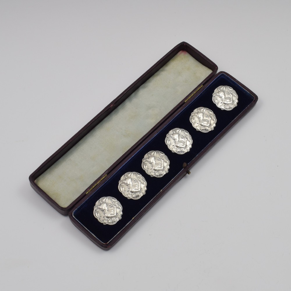 Cased Set Of Six Edwardian Art Nouveau Silver Maiden Buttons 